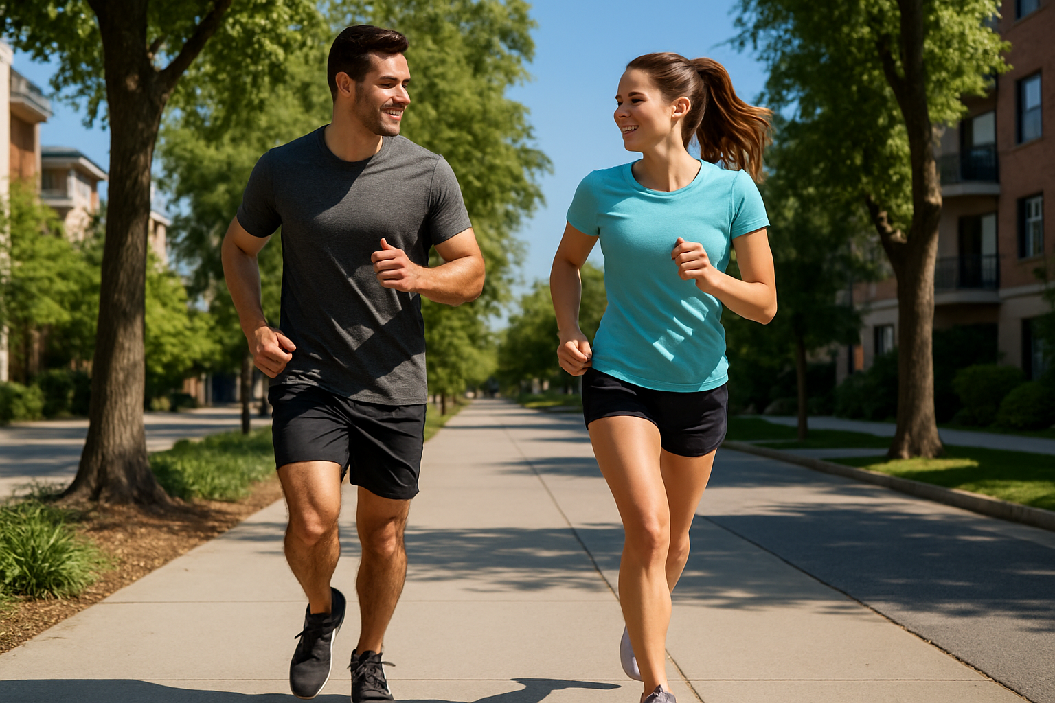 a male and woman running on a sidewalk